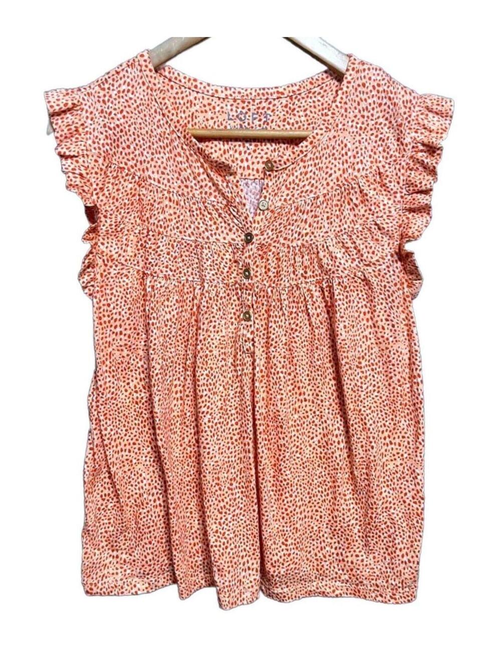 LOFT Vintage Soft Ruffle Henley Top Size L Orange Dotted Babydoll Boho Blouse